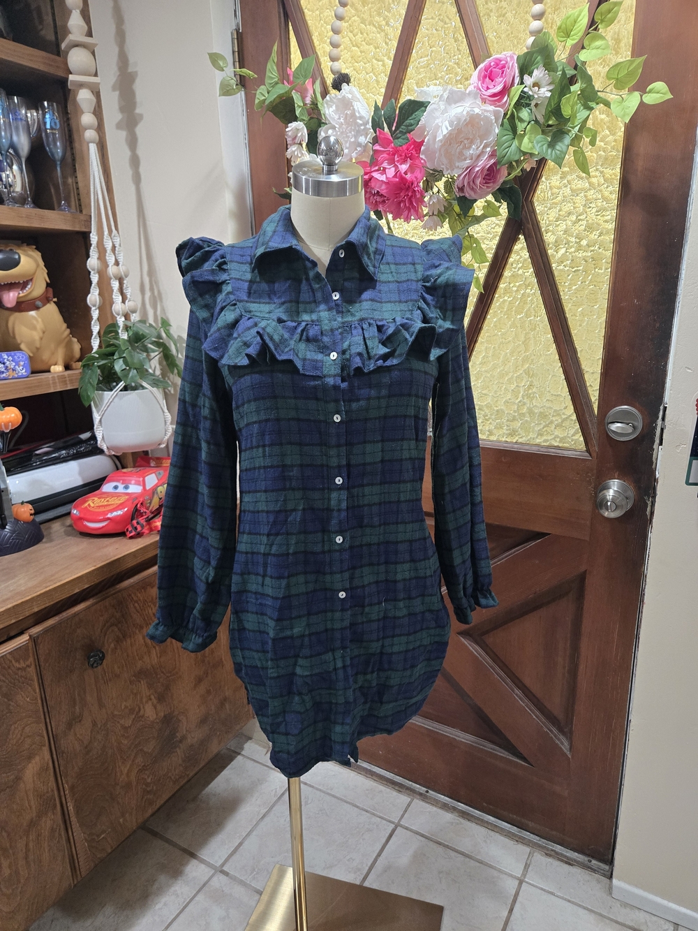 NWT Blue Rain Navy & Green Plaid Ruffle-Trim Button Mini Dress